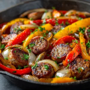 Sausage and Peppers Recipe (The Ultimate Skillet Guide) 4 A close-up, top-down view of Italian sausage browning in a skillet with colorful bell peppers and sliced onions for this easy sausage and peppers recipe.