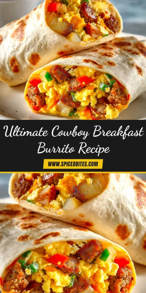 A delicious and hearty Cowboy Breakfast Burrito packed with sausage, eggs, and potatoes. This freezer-friendly recipe is perfect for a quick and easy breakfast.