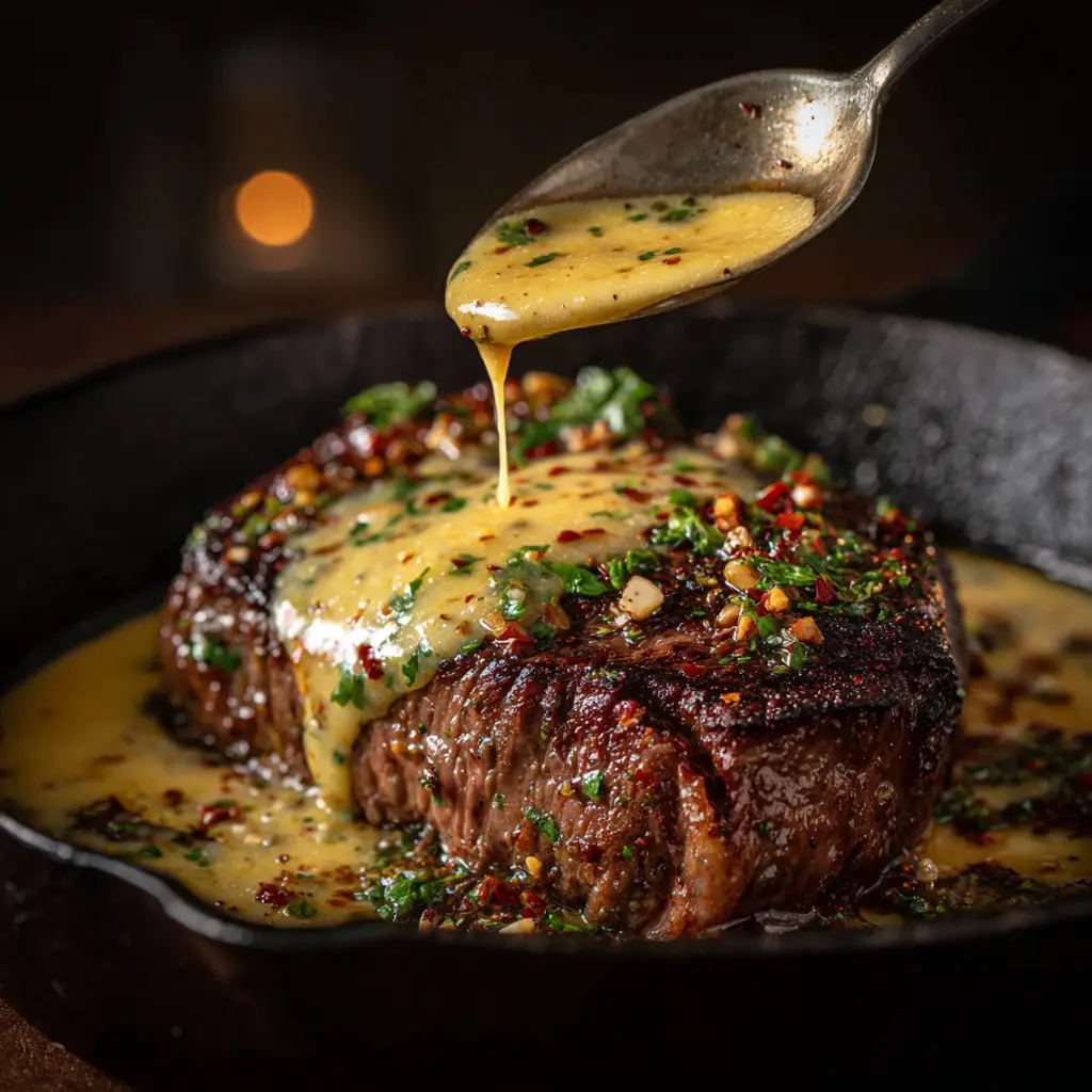Cowboy Butter Sauce: The Ultimate Recipe for Steak, Chicken, and More 1 A small bowl of cowboy butter dipping sauce, showing the vibrant red and green specks of herbs and spices in the melted butter.