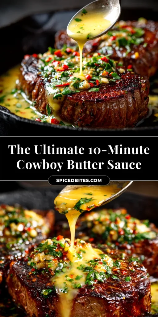 Cowboy Butter Sauce: The Ultimate Recipe for Steak, Chicken, and More 3 A shareable pin image showing a bowl of vibrant Cowboy Butter Sauce, with text overlay reading 'The Ultimate Cowboy Butter Sauce Recipe'.