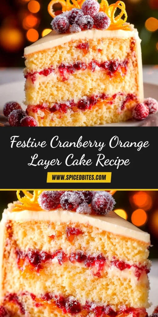 A stunning three-layer Cranberry Orange Layer Cake on a white cake stand, garnished with sugared cranberries and orange slices. The perfect festive holiday dessert recipe.