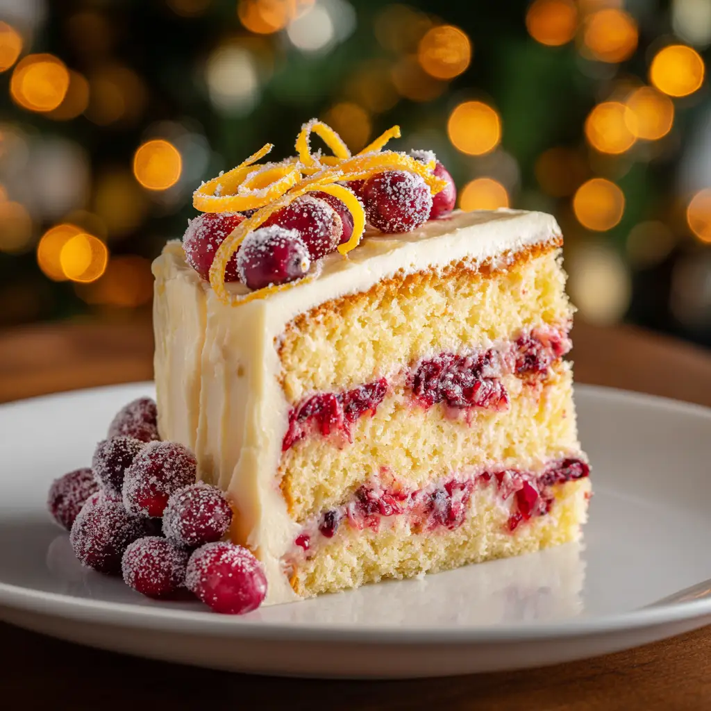 An overhead view of a slice of cranberry orange layer cake next to a fork, ready to be eaten. The texture of the cream cheese frosting is visible.