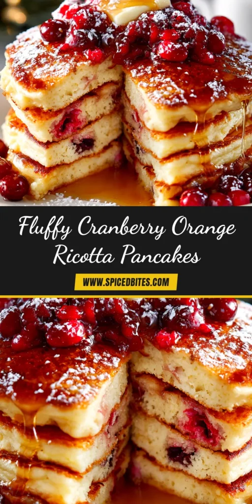Cranberry Orange Ricotta Pancakes (The Ultimate Fluffy Recipe) 4 A tall, perfect stack of fluffy Cranberry Orange Ricotta Pancakes, drizzled with homemade cranberry syrup and garnished with fresh orange zest.