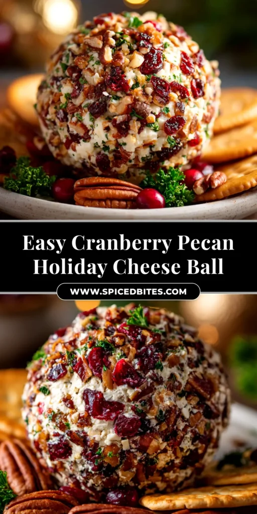 A festive Cranberry Pecan Cheese Ball served on a white plate with an assortment of crackers. The cheese ball is coated with chopped pecans and red cranberries.