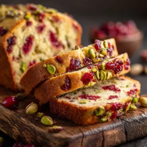 A close-up shot of the colorful batter for cranberry nut bread in a mixing bowl, with cranberries and pistachios visible.