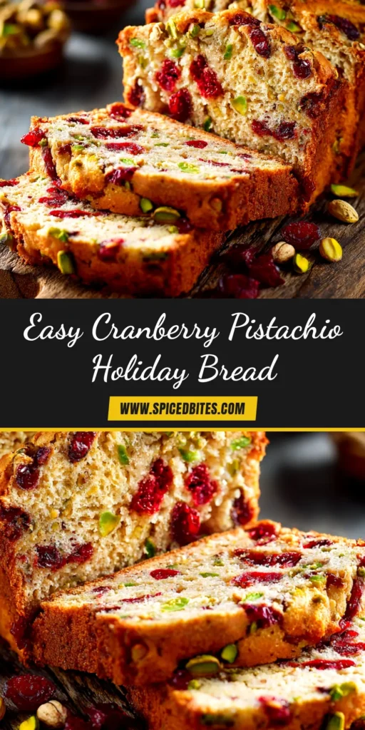 A beautiful hero shot of a sliced Cranberry Pistachio Bread on a wooden board, showcasing the vibrant red cranberries and green pistachios inside.