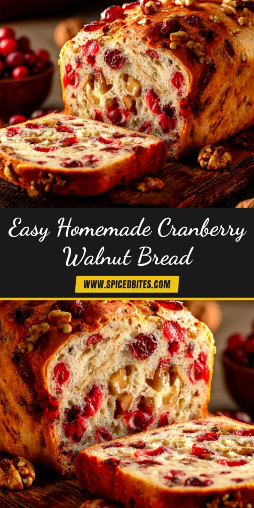 A beautiful sliced loaf of cranberry walnut bread on a wooden board. This easy quick bread recipe is perfect for the holidays.