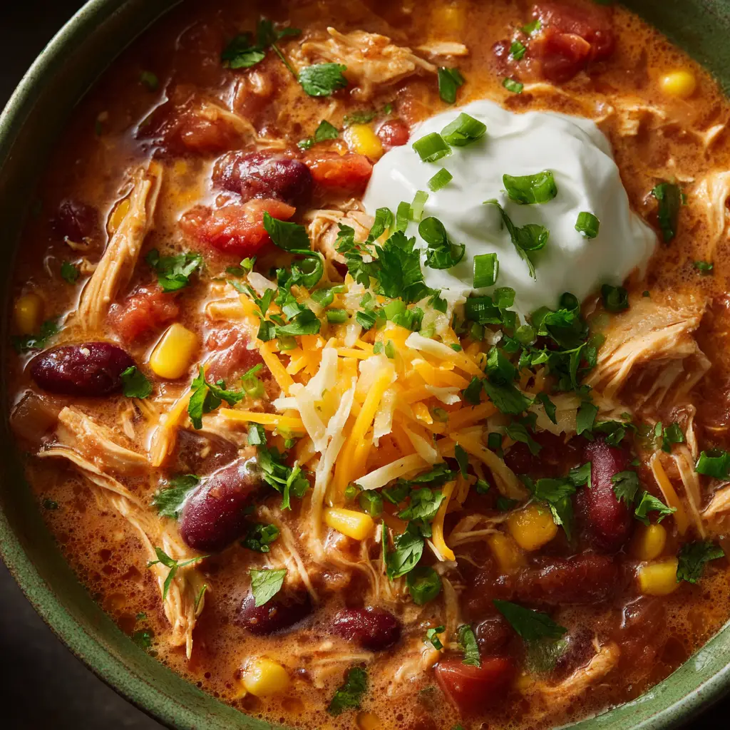 A close-up shot of the ingredients for Crockpot Cream Cheese Chicken Chili before cooking.