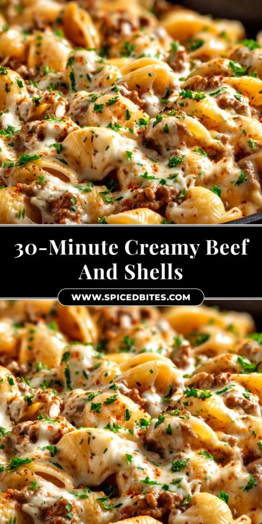 Creamy Beef and Shells: The Ultimate One-Pot Comfort Food 3 A large white bowl filled with creamy beef and shells, garnished with fresh parsley. The cheesy tomato sauce coats the pasta and ground beef perfectly.