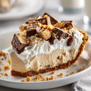 No-Bake Butterfinger Pie Recipe (Creamy & Easy!) 4 A perfect slice of creamy Butterfinger dessert on a white plate, showing the layers of Oreo crust and peanut butter filling.