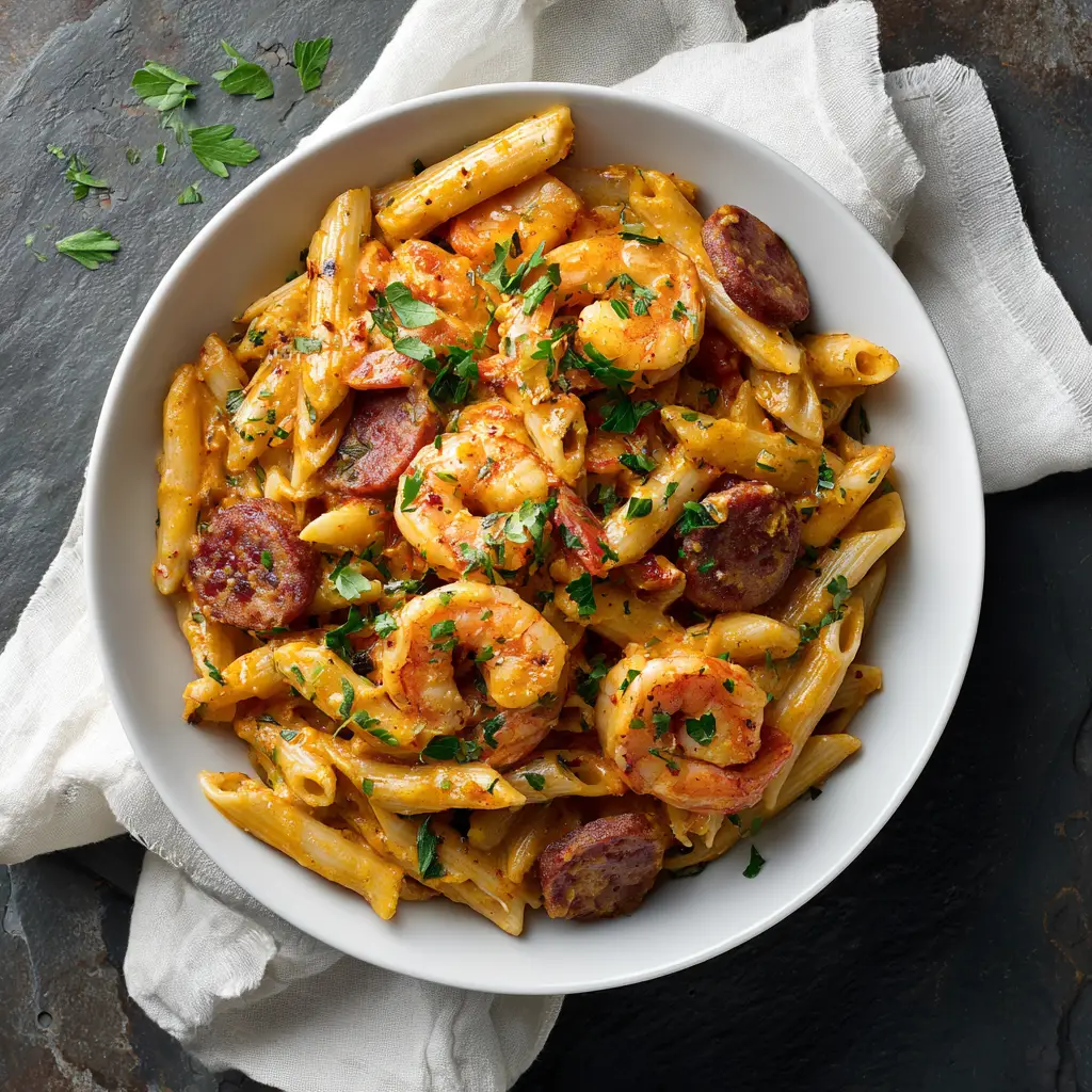 Creamy Cajun Shrimp and Sausage Pasta (The Ultimate Recipe) 1 A beautifully plated bowl of Creamy Cajun Shrimp and Sausage Pasta, ready to be served. The focus is on the rich texture of the cajun cream sauce.