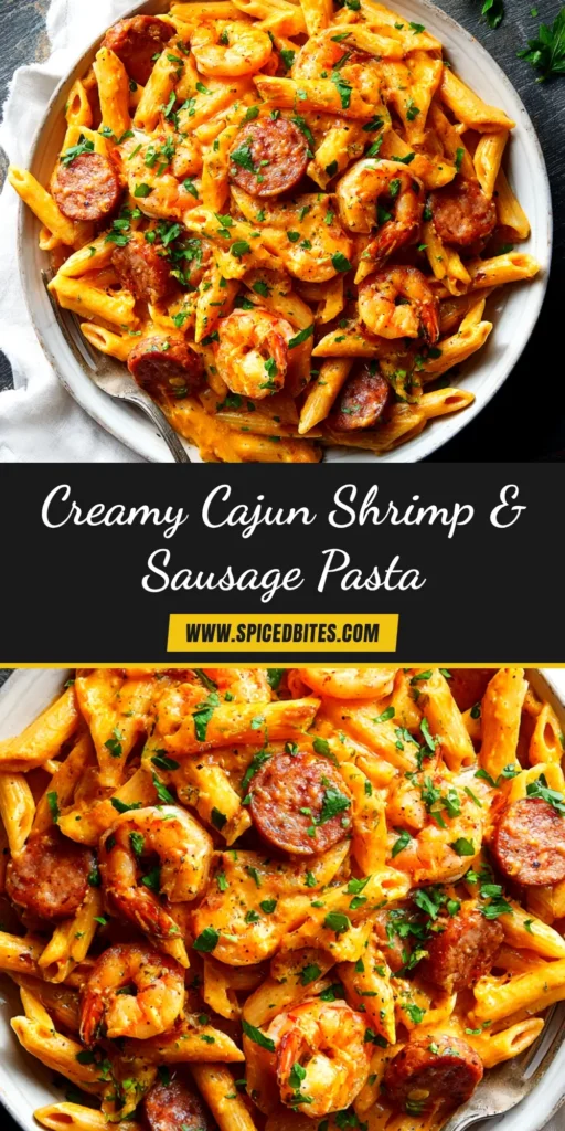 Creamy Cajun Shrimp and Sausage Pasta (The Ultimate Recipe) 3 A close-up shot of a bowl of Creamy Cajun Shrimp and Sausage Pasta, garnished with fresh parsley. The pasta is coated in a rich, orange-tinted cream sauce with visible pieces of shrimp and sausage.