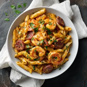 Creamy Cajun Shrimp and Sausage Pasta (The Ultimate Recipe) 4 An overhead shot of a white bowl filled with spicy shrimp and sausage pasta. The dish is vibrant, showing the creamy sauce, shrimp, sausage, and a green garnish.