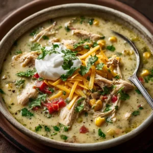 Green Enchilada Chicken Soup: The Ultimate 30-Minute Comfort Meal 4 An extreme close-up of a spoonful of creamy green enchilada chicken soup, showing the texture of the shredded chicken and melted cheese.