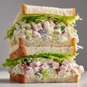 Ham Salad Recipe (The Only One You'll Ever Need) 4 An extreme close-up of a stacked ham salad sandwich, showing the creamy texture of the ham salad filling between two slices of bread.