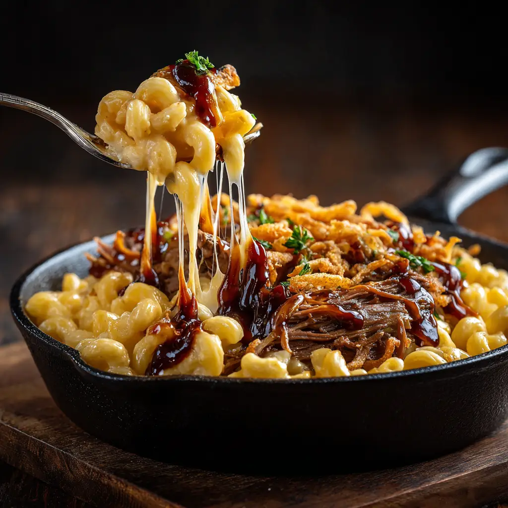 Brisket Mac and Cheese: The Ultimate Comfort Food Mashup 1 A scoop of leftover brisket mac and cheese on a spoon, highlighting the creamy texture and tender brisket pieces.