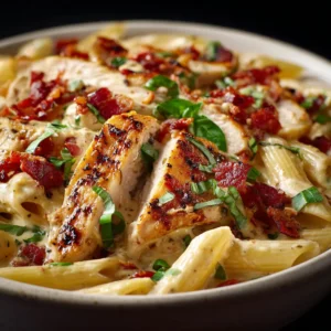 Marry Me Chicken Pasta (The Only Recipe You'll Ever Need) 4 An extreme close-up of creamy chicken pasta, with a piece of sun-dried tomato and a sprinkle of herbs visible on a fork.