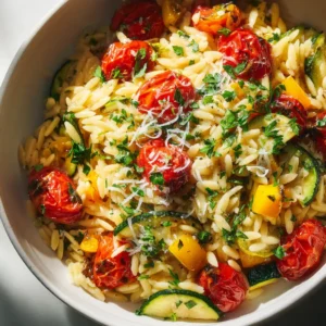 A close-up shot of creamy parmesan orzo in a skillet, showing the rich texture of the pasta dish.