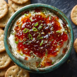 Pepper Jelly Dip: The Easiest 3-Ingredient Appetizer 4 A close-up view of a creamy pepper jelly appetizer, with a knife spreading the dip onto a buttery cracker.