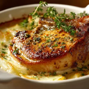 Smothered Pork Chop and Scalloped Potato Casserole 3 A close-up shot of the creamy pork chop casserole showing the layers of tender potatoes and savory gravy.