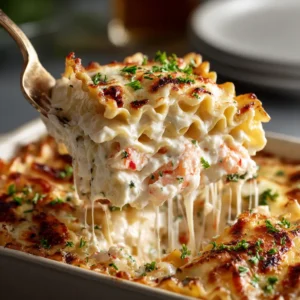 An extreme close-up shot of a creamy seafood lasagna slice, highlighting the succulent pieces of shrimp and tender crab meat in a rich white sauce.