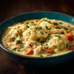 An extreme close-up shot of slow cooker chicken and dumplings in a rustic turquoise bowl, showing the creamy texture of the stew.