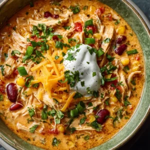 An overhead view of a bowl of creamy white chicken chili made in a slow cooker, topped with fresh garnishes.