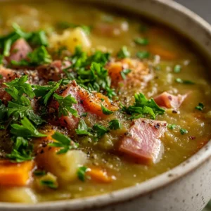 Split Pea and Ham Soup (The Ultimate Comfort Food Recipe) 4 A macro shot showing the thick, creamy texture of split pea soup with chunks of ham and vegetables visible.