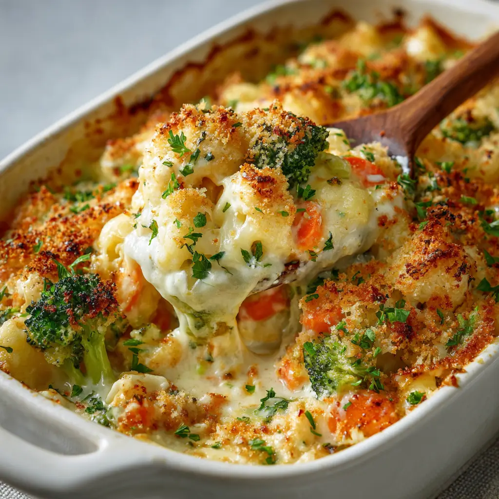 Cheesy Vegetable Casserole (The Ultimate Comfort Dish) 1 A serving of the creamy vegetable bake on a plate, showcasing the melted cheese and tender vegetables inside.