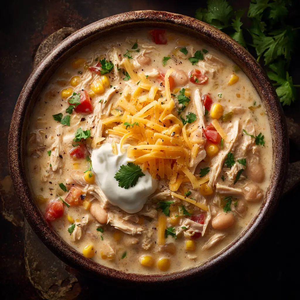 A beautiful overhead view of the finished white chicken chili with cream cheese, garnished with fresh herbs in a ceramic bowl.