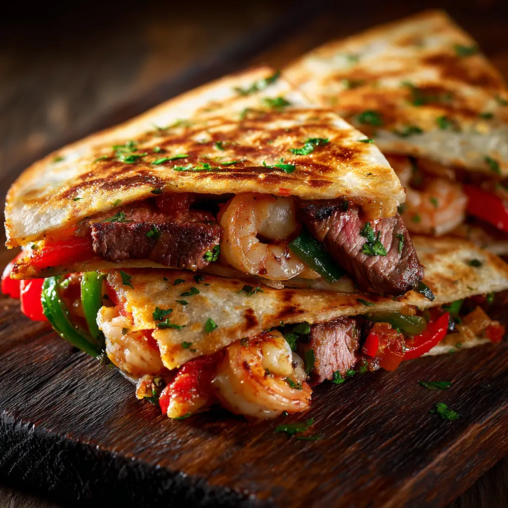 Creole Steak and Shrimp Quesadillas: The Ultimate Recipe 1 The flavorful filling for Creole quesadillas, featuring cooked steak, shrimp, peppers, and onions in a skillet.