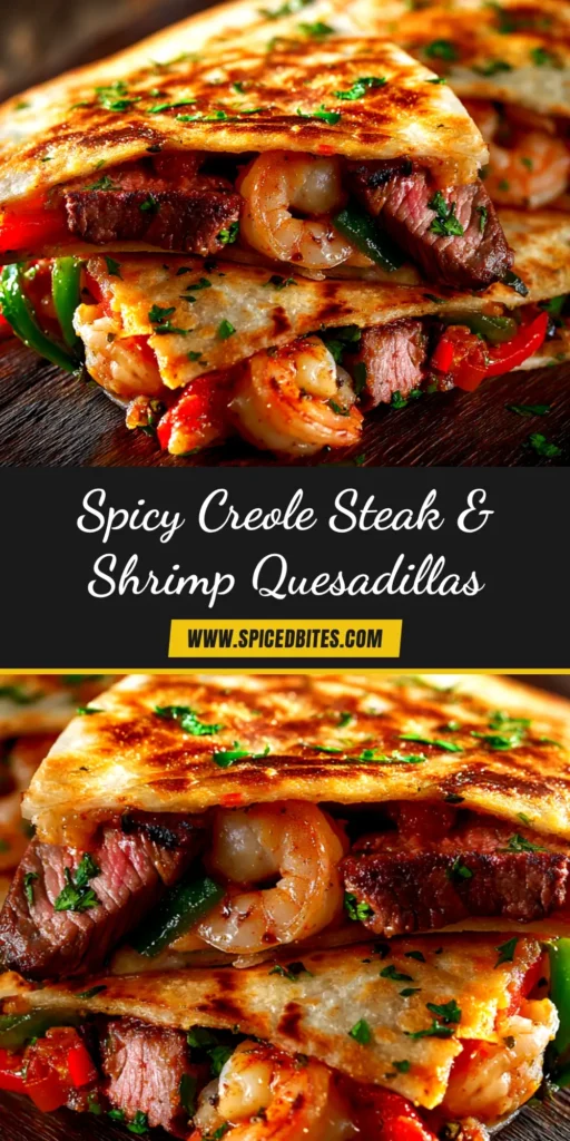 Creole Steak and Shrimp Quesadillas: The Ultimate Recipe 3 Delicious Creole Steak and Shrimp Quesadillas cut into triangles on a platter, ready to be served. A perfect surf and turf meal.
