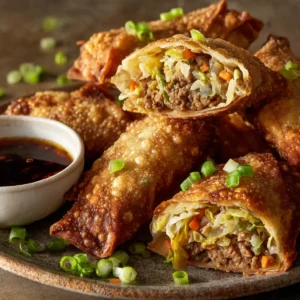 Homemade Egg Rolls Recipe (3 Ways!) 3 A close-up shot of several golden-brown, crispy homemade egg rolls arranged neatly on a platter.