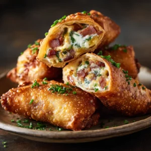 Bacon Jalapeño Popper Egg Rolls: The Ultimate Crispy Appetizer 4 A close-up shot of several cream cheese jalapeno egg rolls piled on a platter, ready to be served.