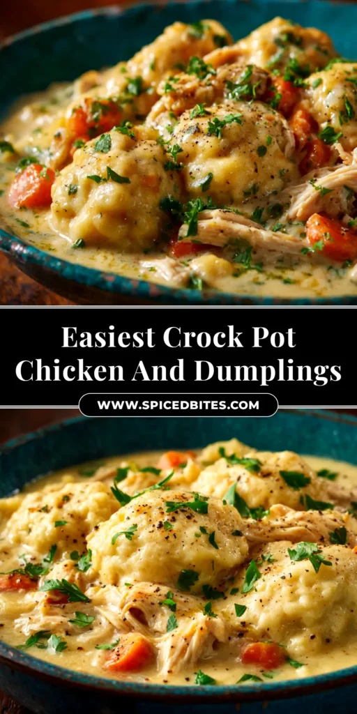 A cozy bowl of creamy Crock Pot Chicken and Dumplings, with fluffy dumplings and tender shredded chicken in a rich gravy, garnished with fresh parsley.