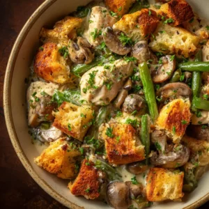 Slow Cooker Chicken and Stuffing: The Easiest Comfort Meal 4 An extreme close-up overhead view of savory crockpot chicken and stuffing, highlighting the texture of the herb-flecked stuffing.
