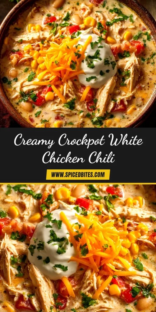 A bowl of creamy Crockpot White Chicken Chili, garnished with fresh cilantro, lime wedges, and sliced jalapeños. The perfect easy and flavorful slow cooker recipe.