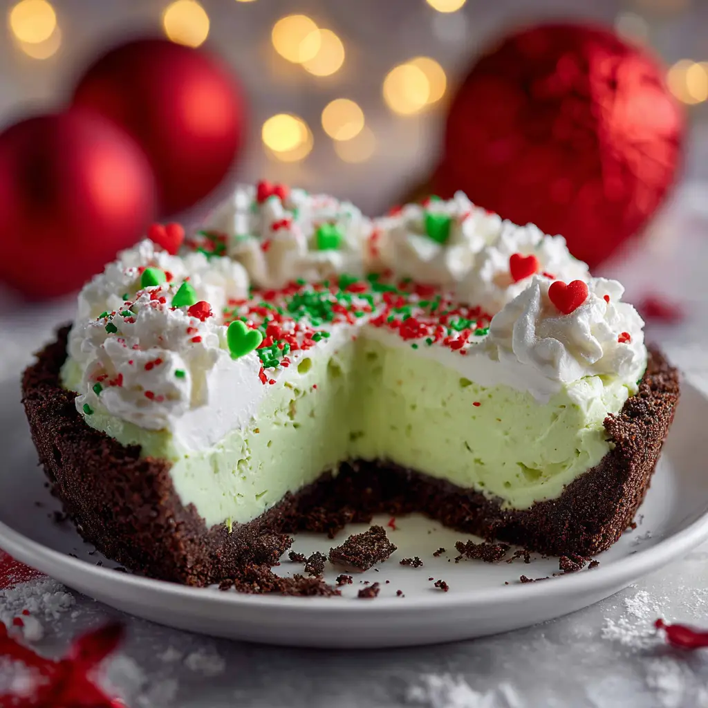 No Bake Grinch Pie (The Easiest Festive Treat!) 1 An overhead shot of the finished No Bake Grinch Pie decorated with a single red heart sprinkle in the center, highlighting its festive appearance.