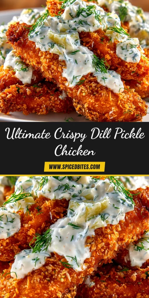 Dill Pickle Chicken (Crispy, Juicy & Tangy!) 4 A platter of crispy, golden brown Dill Pickle Chicken, garnished with fresh dill and pickle slices. A small bowl of creamy dill sauce is next to it.
