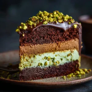 Dubai Chocolate Pistachio Cake (The Viral Recipe) 4 A close-up slice of the Dubai Chocolate Pistachio Cake, revealing the distinct layers of chocolate, green pistachio cream, and golden toasted kataifi pastry.