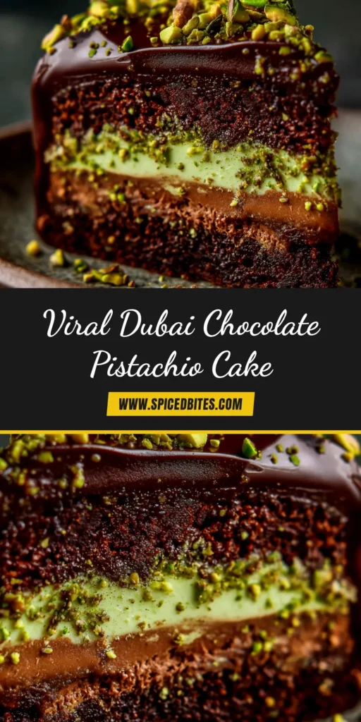 Dubai Chocolate Pistachio Cake (The Viral Recipe) 3 An overhead shot of the viral Dubai Chocolate Pistachio Cake on a serving platter, with a few slices cut to show the crispy kataifi and creamy green pistachio layers inside a chocolate shell.