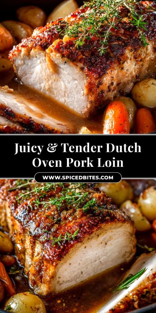 Dutch Oven Pork Loin: The Ultimate Guide to a Juicy Roast 4 A perfectly roasted Dutch Oven Pork Loin sliced on a wooden board, revealing a juicy interior. The pork is surrounded by roasted carrots and fresh herbs, ready to be served.