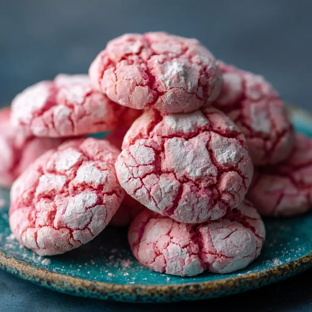 Cake Mix Cool Whip Cookies (The Easiest 3-Ingredient Recipe!) 1 A stack of three-ingredient cake mix cookies, showcasing their pillowy texture and vibrant pink color.
