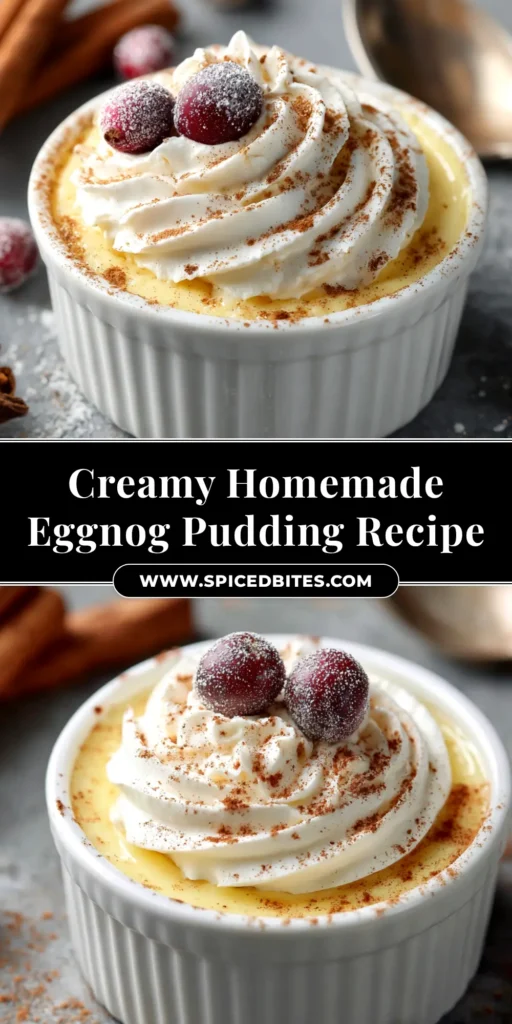 Eggnog Pudding: The Ultimate Creamy Holiday Dessert 3 A tall glass of creamy eggnog pudding garnished with whipped cream and a sprinkle of nutmeg, with a title overlay reading 'Easy Eggnog Pudding Recipe'.