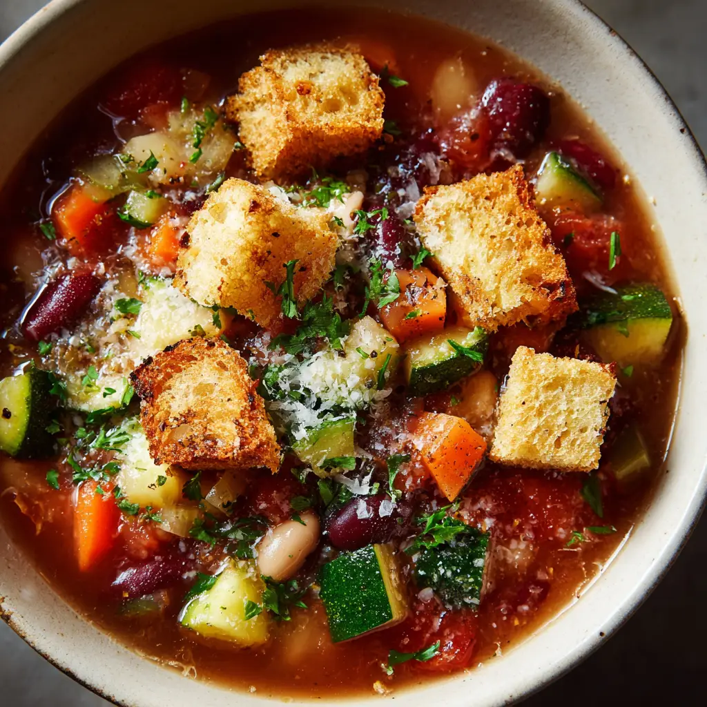 Olive Garden Minestrone Soup (Copycat Recipe) 1 A pot of easy vegetable soup simmering on the stove, with all the ingredients for the Olive Garden copycat recipe visible.