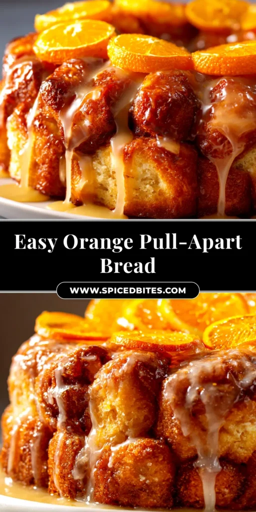 Orange Monkey Bread (The Easiest, Zestiest Recipe!) 4 A beautiful shot of freshly baked Orange Monkey Bread on a serving platter, drizzled with a zesty orange glaze. Pieces are being pulled apart, showing the gooey center.
