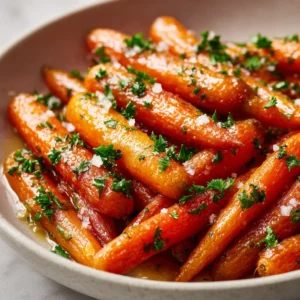 Honey Garlic Roasted Carrots (Perfectly Caramelized!) 4 A close-up shot of oven-roasted carrots in a dark skillet. The carrots have a beautiful caramelized glaze and are sprinkled with fresh green herbs.
