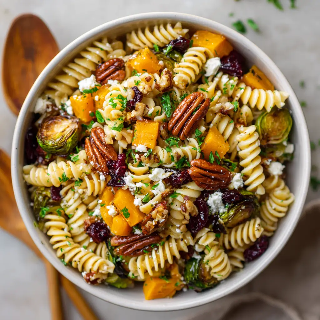 Fall Harvest Pasta Salad with Maple-Cider Vinaigrette 1 A close-up shot of a serving of the Fall Harvest Pasta Salad, emphasizing the texture of the toasted pecans and tender butternut squash.