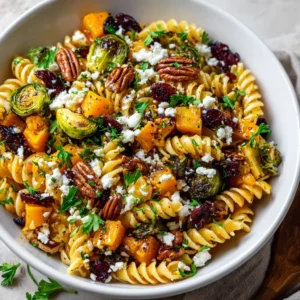 Fall Harvest Pasta Salad with Maple-Cider Vinaigrette 4 An overhead view of the finished Fall Harvest Pasta Salad in a large serving bowl, showcasing the roasted vegetables and creamy goat cheese.