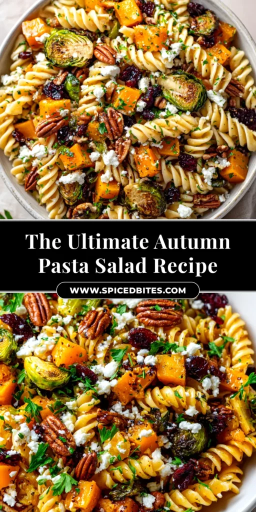 Fall Harvest Pasta Salad with Maple-Cider Vinaigrette 3 A large white bowl filled with Fall Harvest Pasta Salad, featuring rotini, roasted butternut squash, kale, and cranberries, with a text overlay for Pinterest.
